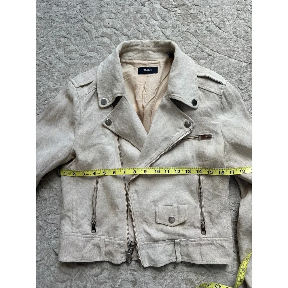 Theory Linen Moto Jacket Womens Medium Beige Lightweight Belted Biker